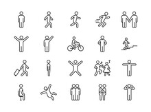 Set Of People Line Icons. Person Walking, Running, Jumping, Dancing. Vector Illustrations. Editable Strokes