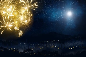 Wall Mural - Beautiful bright Fireworks at dark sky background