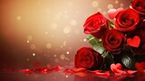 Fototapeta  - red roses and heart on the table, bokeh background
