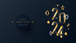 Happy New Year 2024 3d text invitation. Gold number 2024 typography greeting card design on dark background. Vector holiday composition of numbers.