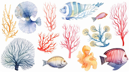 Wall Mural - watercolor illustration collection underwater world of fish and corals isolated on a white background