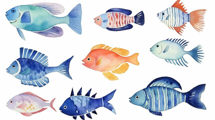 Wall Mural - sea fish, collection, set, watercolor illustration isolated on a white background multicolored sea fish