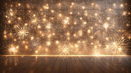 Wall Mural - golden lights light bulbs and sparklers christmas glowing festive winter background, small gold and garlands on the background