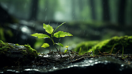 Wall Mural - green forest, dew drops and wet rain on young leaves and shoots in the depths of the green forest of