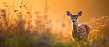 Sunrise Backlit Image Of A Whitetail Fawn In An Open Field.