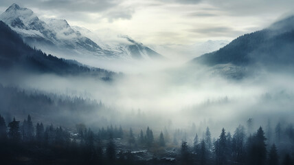 Wall Mural - landscape, quiet misty valley in the mountains, forest panorama aero view