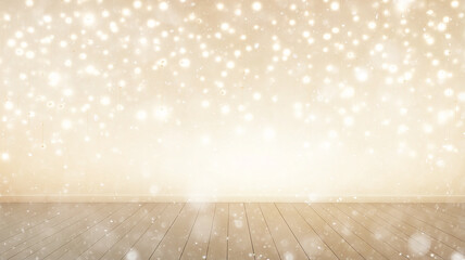 Wall Mural - christmas background, empty blank wall decorated with glowing bulbs, snowfall, blurred abstract background