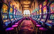 Rows of colorful slot machines, casino hall