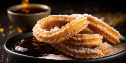 Golden churros dusted with sugar, paired with a bowl of rich chocolate dipping sauce