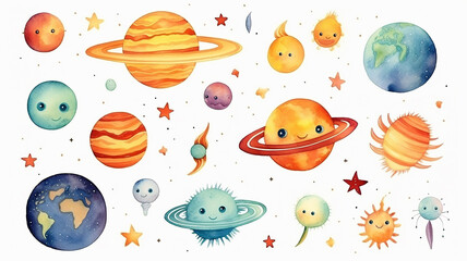 Wall Mural - planets in space on a white background, watercolor drawing for children primitive minimalistic poste