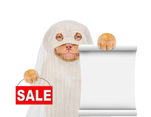 Poster - Smiling Mastiff puppy dog celebrating halloween in ghost costume shows signboard with labeled 