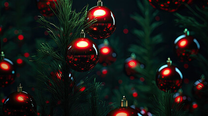 close up christmas red balls hanging on a christmas tree