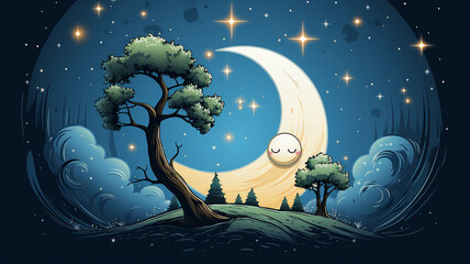 Wall Mural - cartoon crescent moon on a blue sky background, art character, good night children