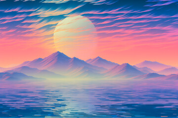 Wall Mural - Retro vintage 1990s aesthetic computer graphics landscape, mountains lake and large sun, cyberpunk synthwave vaporwave