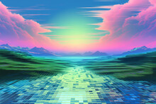 Retro Vintage 1980s 1990s Aesthetic Pastel Neon Color Landscape, Background, Pixels, Computer Graphics, Green Grass, Pink And Blue