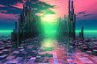 Vintage 3d computer graphics geometric landscape with pillars, green and pink, background