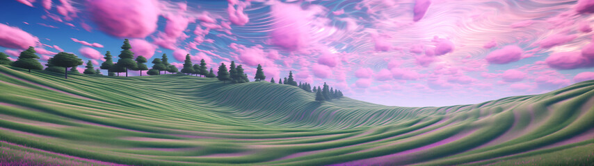 Wall Mural - Abstract 3d retro computer graphics liminal space nature landscape with green hills and pink clouds, ultrawide panorama banner background