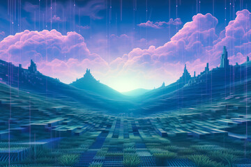 Wall Mural - Retro vintage 1990s style computer graphics landscape with dripping lines and voxel grass, background