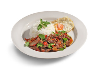 Wall Mural - Stir fried basil and meat on rice with fried egg in white dish on white background