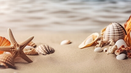 Wall Mural - sea abstract background vacation shells sand beach.