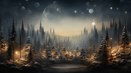 Wall Mural - christmas background copy space, winter view trees decorated with glowing lights