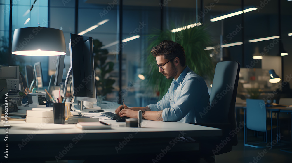 Male programmer working in front of computer on desk in office room ...
