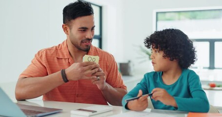 Wall Mural - Father, son and help with reading, learning and writing for school project, homework and alphabet. Education, knowledge and teaching, dad and kid in home for support, studying and child development.