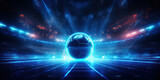 Fototapeta Sport - Game ball illuminated by intense blue lights, set against the dynamic atmosphere of a sports arena