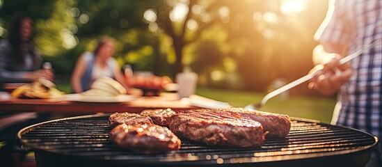 Wall Mural - Man grills steak on outdoor barbeque for family picnic in backyard.