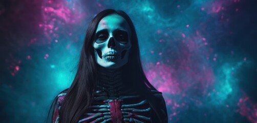 Sticker -  a woman with skeleton makeup and makeup is standing in front of a backdrop of stars and a sky filled with stars.