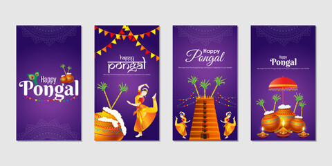 Wall Mural - Vector illustration of Happy Pongal social media feed set template