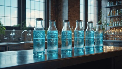 Wall Mural -  a row of blue water bottles sitting on top of a wooden counter next to a sink in a room filled with windows.