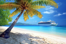 Cruise With Palm Trees On The Beach In The Background Of Beautiful Sky And Sea. Travel Concept Of Vacation And Holiday.