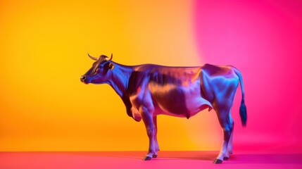 Poster -  a cow that is standing in the middle of a room with an orange and pink background and a pink and yellow background.