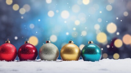 Poster -  a row of christmas ornaments sitting on top of a snow covered ground with a boke of lights in the background.