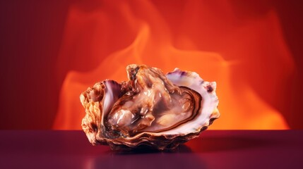  a close up of a seashell on a table with a fire in the backgrounge of the shell.