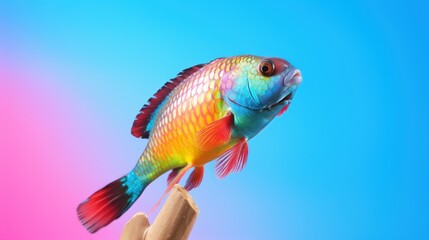 Poster -  a close up of a colorful fish on a person's hand with a blue sky in the back ground.