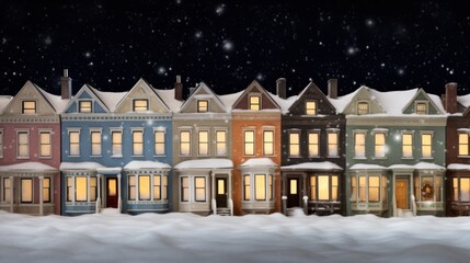 Poster -  a painting of a row of houses with snow on the ground and a night sky full of stars in the background.