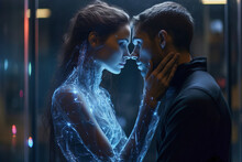 A Man And A Hologram Digital Woman Standing Next To Each Other. Hologram Picture.