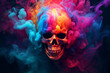  Scary skull emerging from a cloud of colorful smoke, Halloween concept.