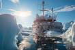 A large scientific research vessel floats in the Arctic Ocean between icebergs.