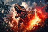 Fototapeta  - A terrible dinosaur Tyrannosaurus T-rex with an open huge mouth against a background of fire and smoke in the burning primeval jungle. Death of the dinosaurs.