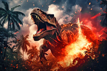A Terrible Dinosaur Tyrannosaurus T-rex With An Open Huge Mouth Against A Background Of Fire And Smoke In The Burning Primeval Jungle. Death Of The Dinosaurs.