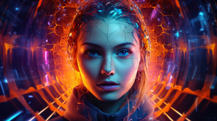 Wall Mural - Futuristic cyberpunk portrait of a young woman