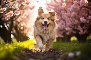Wall Mural - Friendly happy dog running at fast pace towards the camera in a blossoming pink cherry tree garden on spring day. Walking a dog outdoors. Super wide angle shot. Generative AI.