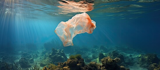 Wall Mural - Floating plastic bag on coral reef poses threat to marine life.