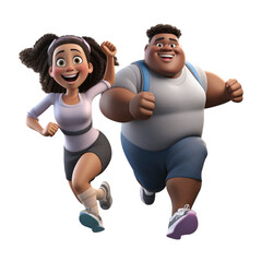 Wall Mural - 3D cartoon character happy couple fat young man and woman workout running jogging together, Wear fashionable sports clothes, Full body isolated on white and transparent background