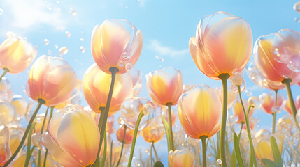 Wall Mural - Pastel tulips on blue sky background