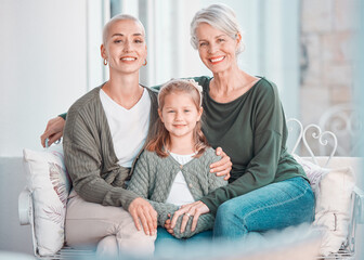 Canvas Print - Mother, grandmother and daughter on couch, portrait and hug with love, care and bonding in lounge at family house. Mama, grandma and girl child with embrace, relax and together on living room sofa