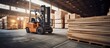 Forklift moving wooden pallets in logistics and transportation, warehouse storage and delivery.